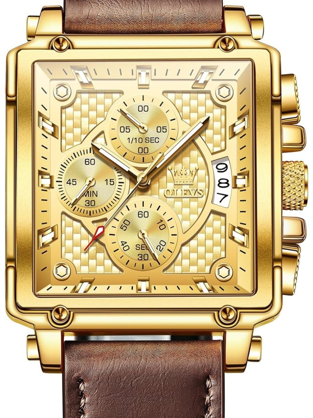 OLEVS Golden Square Chronograph Watch with Brown Leather Strap